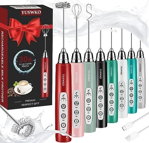 Milk Frother Handheld for Coffee Rechargeable Drink Mixer with 3 Heads 3 Spee...