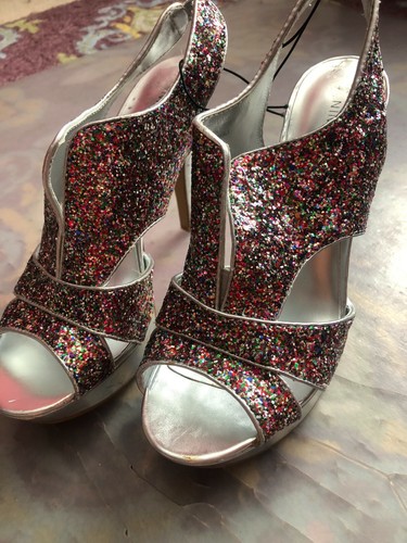 Nine West Rainbow Glitter Silver Heels 