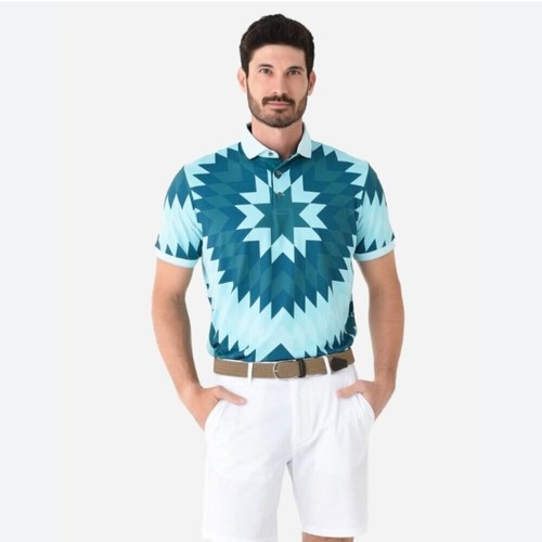 Greyson Geometric Print Golf Polo Shirt Men’s Large Turquoise Green - Picture 14 of 15