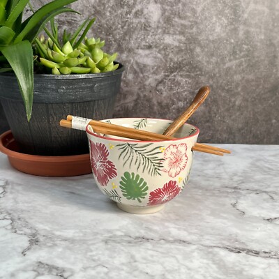 5''Oriental Flower Floral Pattern Beige Ceramic Ramen Noodle bowl Set of 3pieces