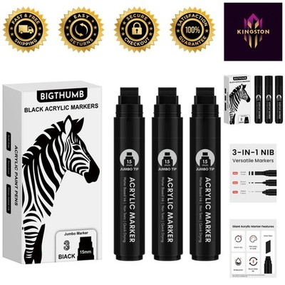 Jumbo Black Paint Pens Set - 3  Markers for Multi-Surface Creations