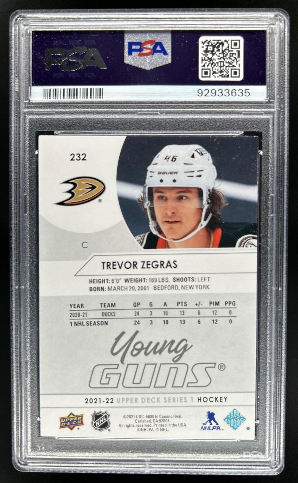 2021-22 Upper Deck Trevor Zegras Rookie Young Guns RC #232 Ducks PSA 9 view 2