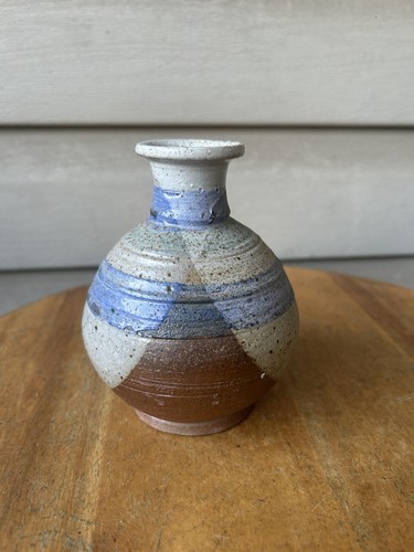 Tessem Pottery Blue Tan Abstract Stripe Rustic Small Art Pottery Vase 5" TT