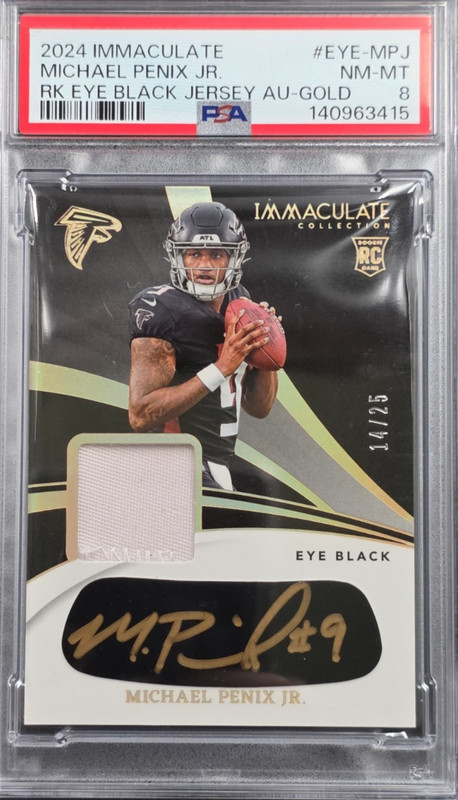 🦅2024 Panini Immaculate Michael Penix Jr Eye Black Patch Auto /25 EYE-MPJ PSA 8