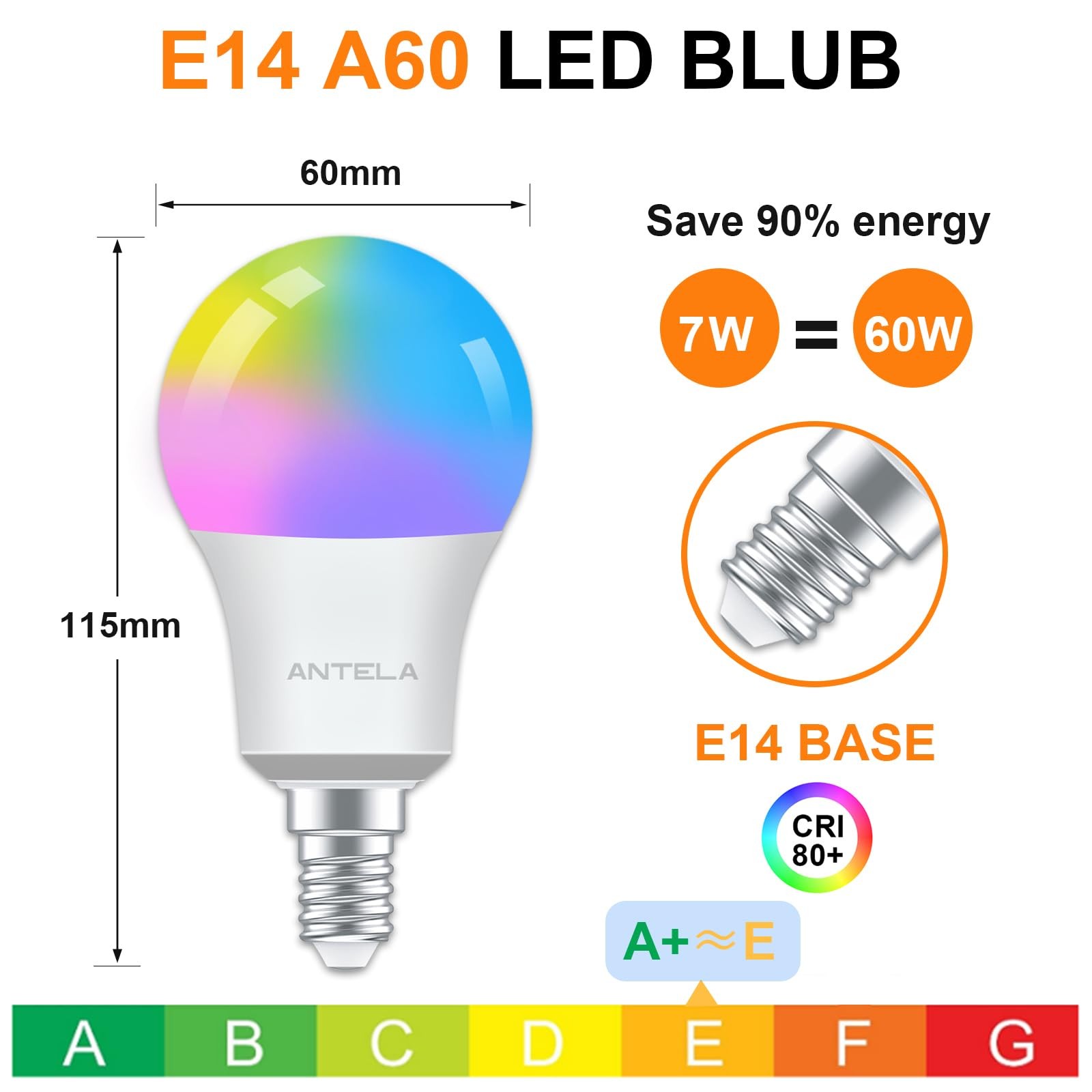 Ampoule intelligente RGB+CCT E14 WiFi A60 2700K-6500K pour éclairage connecté maison