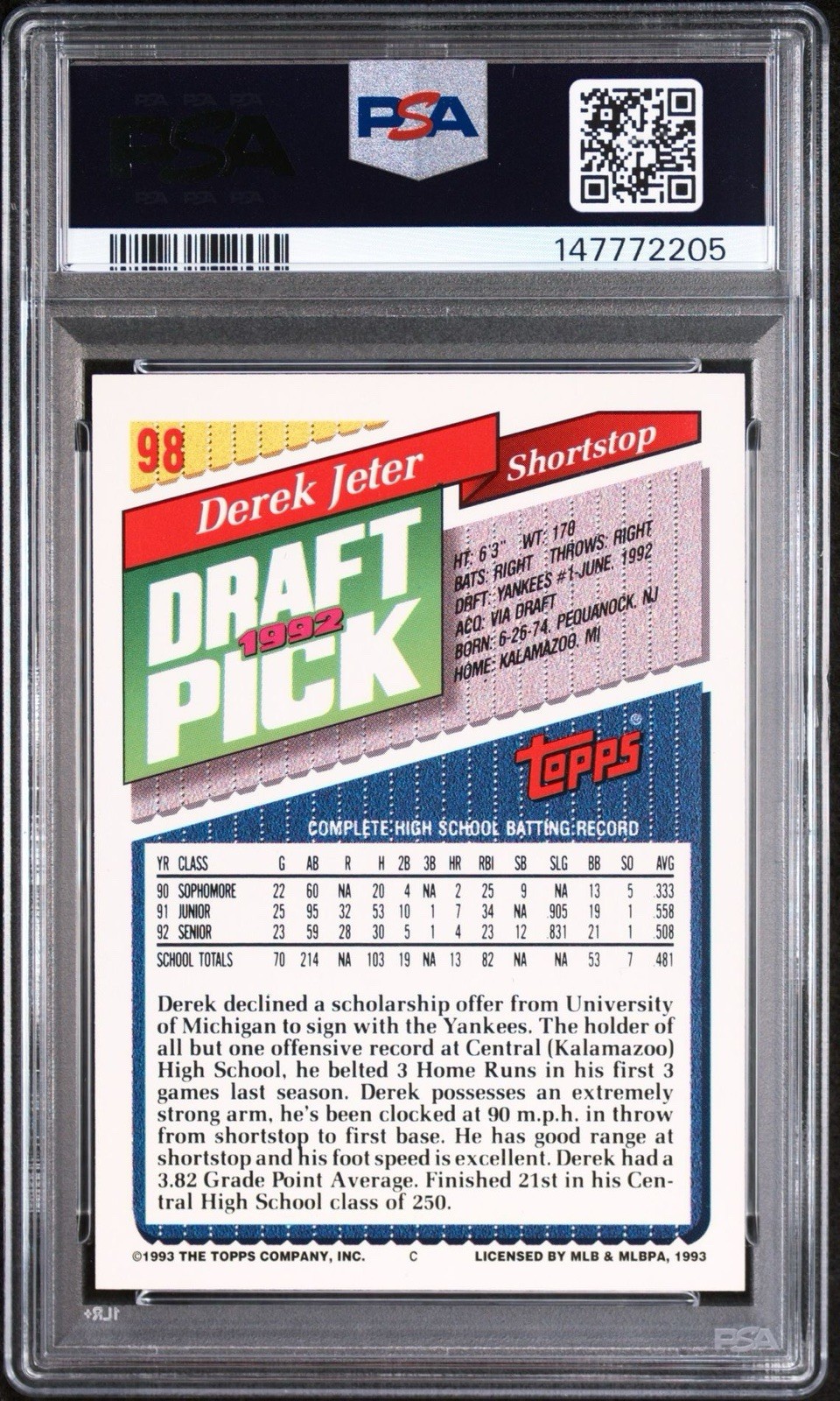 1993 TOPPS DEREK JETER ROOKIE RC PSA 9 DRAFT PICK 1992 YANKEES CAPTAIN #98 view 2