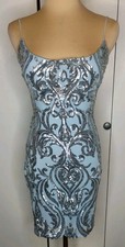 Windsor Lt Blue  Bodycon Mini dress silver sequin scroll pattern Open Back Sz Sm