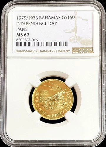 1975 GOLD PARIS MINT BAHAMAS $150 SPINY LOBSTER NGC MS 67 LOW MINTAGE RARE
