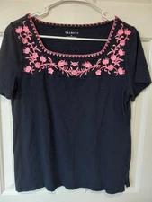 TALBOTS Size M Cotton Pink Embroidered Navy Top Casual career Boho Everyday