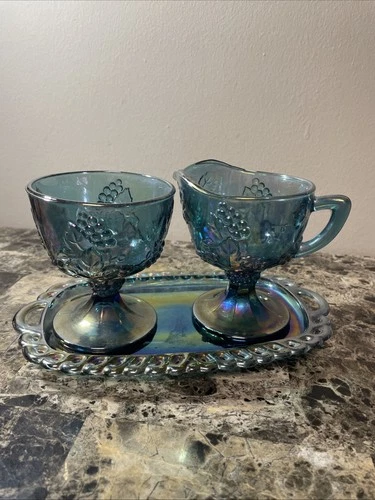 VTG INDIANA CARNIVAL GLASS IRIDESCENT BLUE HARVEST GRAPE 3 PC CREAM & SUGAR SET