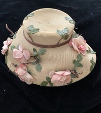 1950's Women's Straw Hat with Pink Roses  Velvet Interior Trim