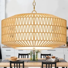 Large Fabric Basket Rattan Chandeliers For Dining Room,Woven Kitchen Lighting...