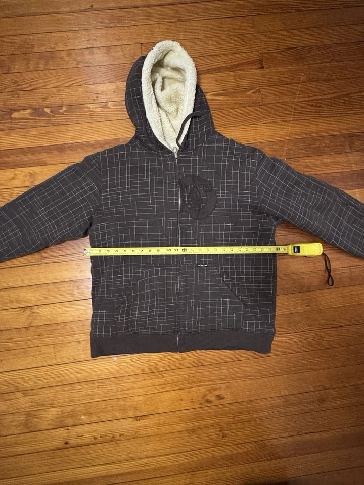 Volcom Men’s XL Sherpa Lined Hoodie Jacket Full Zip Grid Pattern Brown - Image 3 of 4
