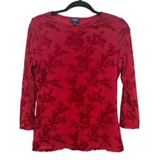 Chaps Women Red Floral Burnout Velvet Sheer Sleeve Top SZ Med. Holiday Christmas
