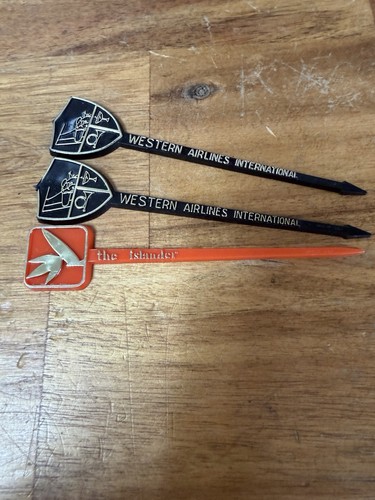 Western Airlines 2 Swizzle Stirs & 1 The Islander Swizzle Stick Stir Vintage