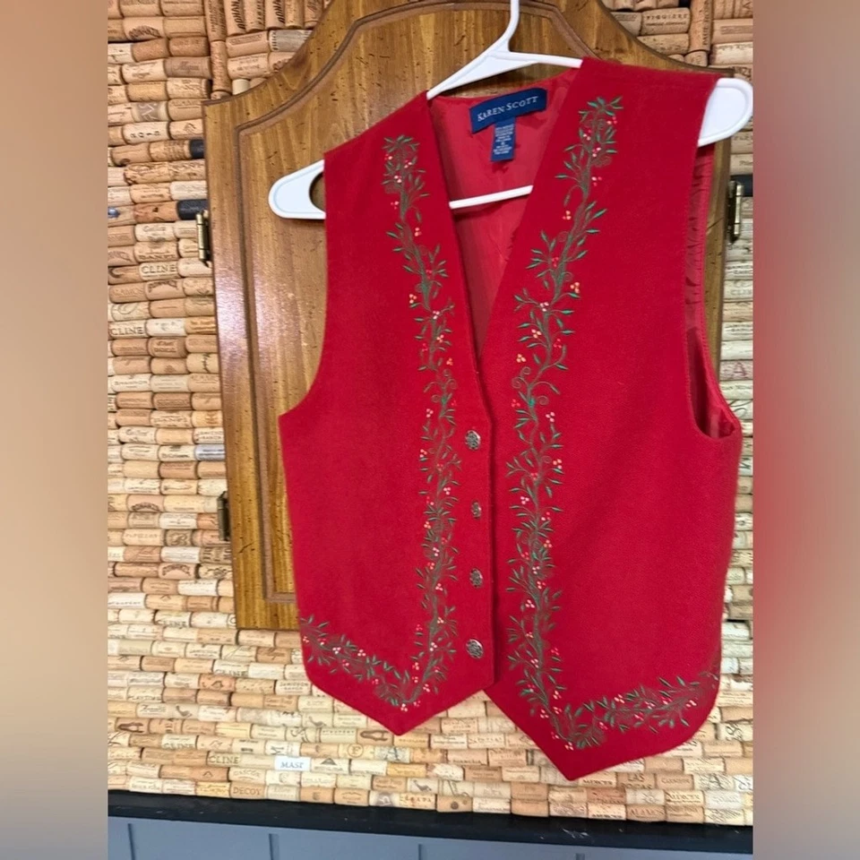 Colete de férias vintage Karen Kane vermelho acrílico bordado floral tamanho pequeno - Imagem 3 de 4
