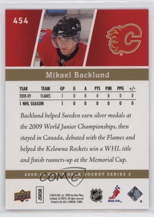 2009-10 Upper Deck Young Guns UD Exclusives /100 Mikael Backlund #454 Rookie RC - Image 2 of 2