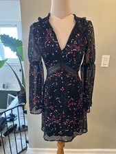 Express Black Floral Chiffon Long Puff Sleeve Mini Fit & Flare Dress Size 2