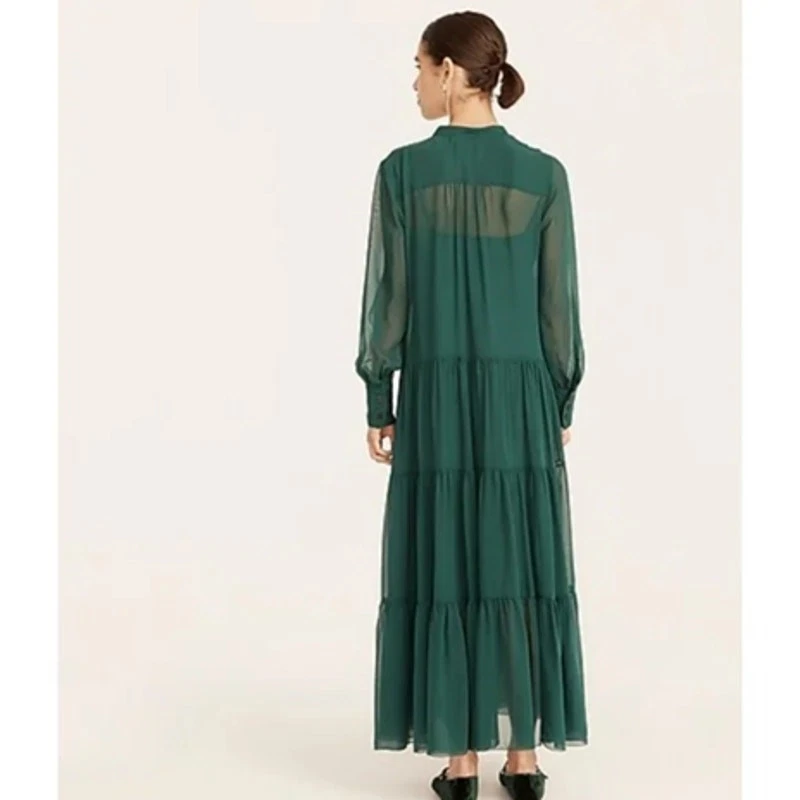 Vestido Esmoquin Colección J.Crew Seda en Niveles Gasa Abeto Oscuro Talla 8 Foto 3 de 4