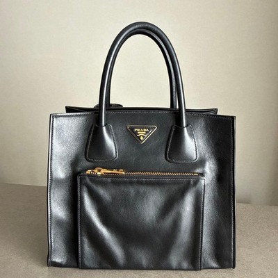 PRADA Triangle with Logo Hand Tote Bag Leather Black Authentic M03381