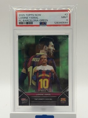 2025-26 Topps Now FC Barcelona Lamine Yamal #2 Green, Lionel Messi /99 Chrome