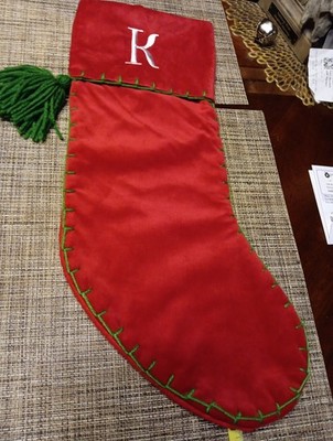 Unbranded 19'' Red Velvety Christmas Stocking Monogrammed ''K'' w/Yarn Trim LN