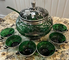 Vintage, Green glass With Silver Overlay, Punch Bowl With Glass Ladle And 6 Cups