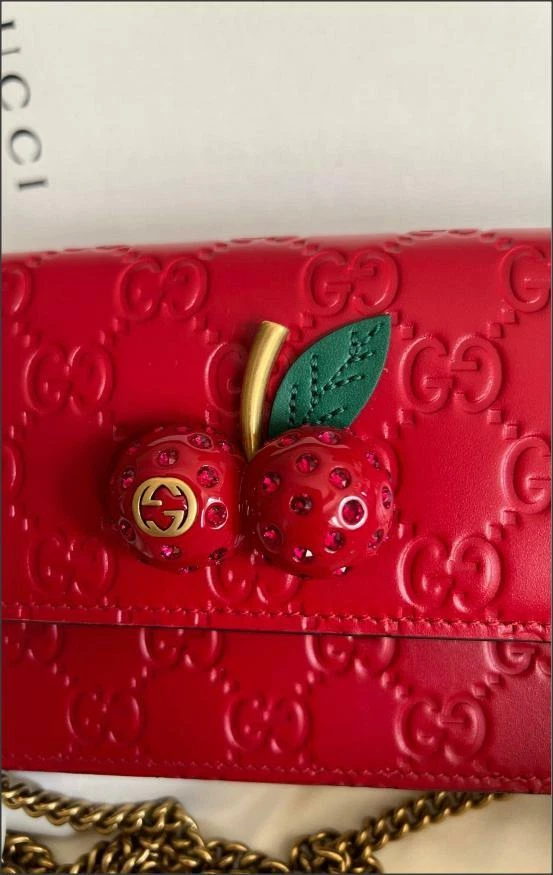 NWT GUCCI Giccissima Bag Mini GG Crystal Cherry Chain Wallet