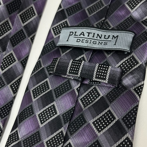 Platinum Designs Men's Neck Tie - 100% Silk Purple Black Geometric Pattern - Picture 5 of 7