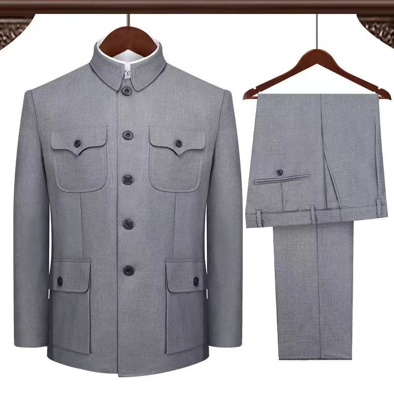 Traje túnica chino para hombre Abrigo Pantalones Tradicional Mao Zhongshan Blazers Chaquetas Foto 3 de 4