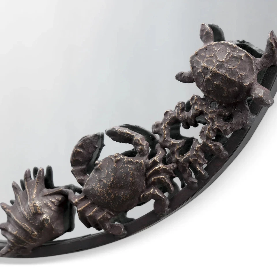 Espelho de parede ferro fundido e vidro formato redondo tema costeiro cavalo-marinho e vida marinha - Imagem 3 de 3