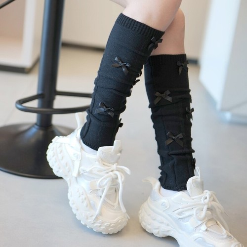 Women Sports Side Double Striped Knitted Leg Warmer Bowknot Footless Long Socks - Picture 6 of 19