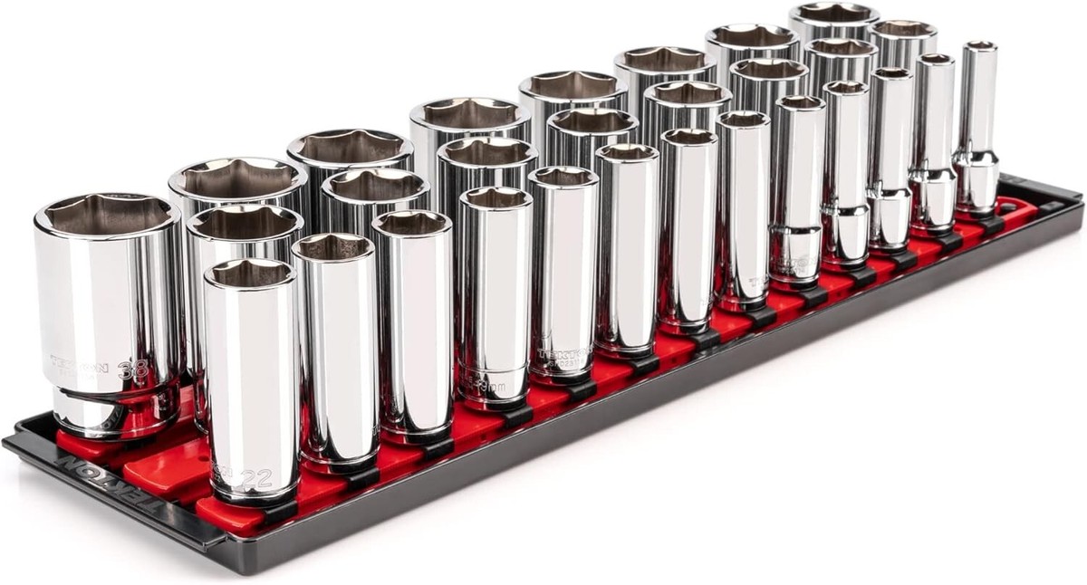 1/2 Inch Drive Deep 6-Point Socket Set with Rails, 29-Piece