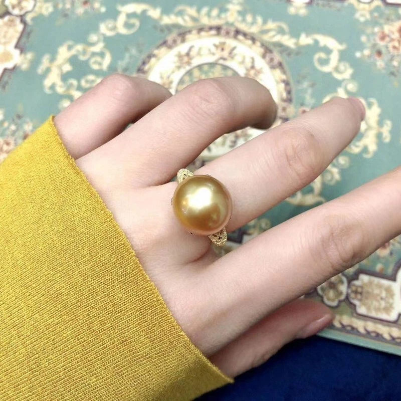 ENORME ANILLO DE PERLAS REDONDAS DORADAS 925S de diseñador AAAA+10-11 mm del Mar del Sur Foto 3 de 3