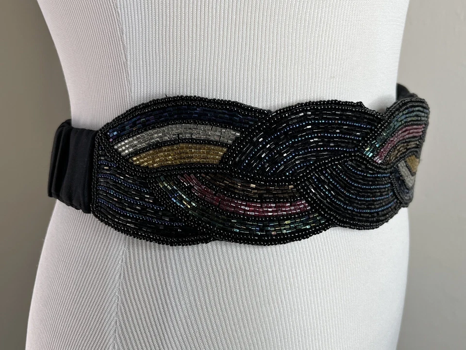 Cinturón Cummerbund Ancho Vintage Cuentas Negro Satinado Faja Tono Joya Pequeño S Foto 4 de 4