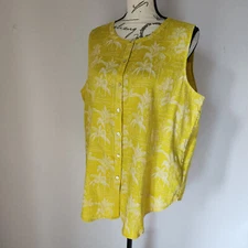 C&C California 100%Linen Palm Tree Sleeveless Tunic Top Pearl Button-Up Green XL