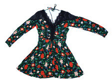 Anthropologie Lacy V-Neck Mini Dress Black Floral Long Sleeve Fit Flare Womens 4