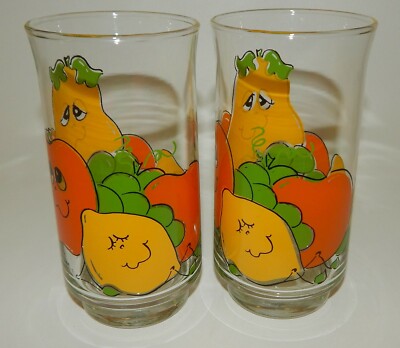 Pair Vintage Retro Nancy Lynn Anthropomorphic Fruit Face Drinking
