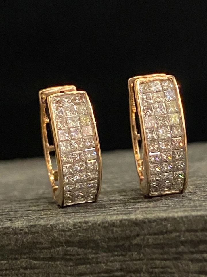 Pave 1,32 Cts Prinzess Form Diamanten Dreireihig Creolen Ohrringe In 14K Gold - Bild 4 von 4