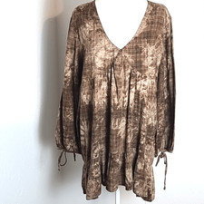 Urban Mango High-Low Dress, Brown/Cream, Ruffled Hem, Long Tie Sleeves, Sz Large