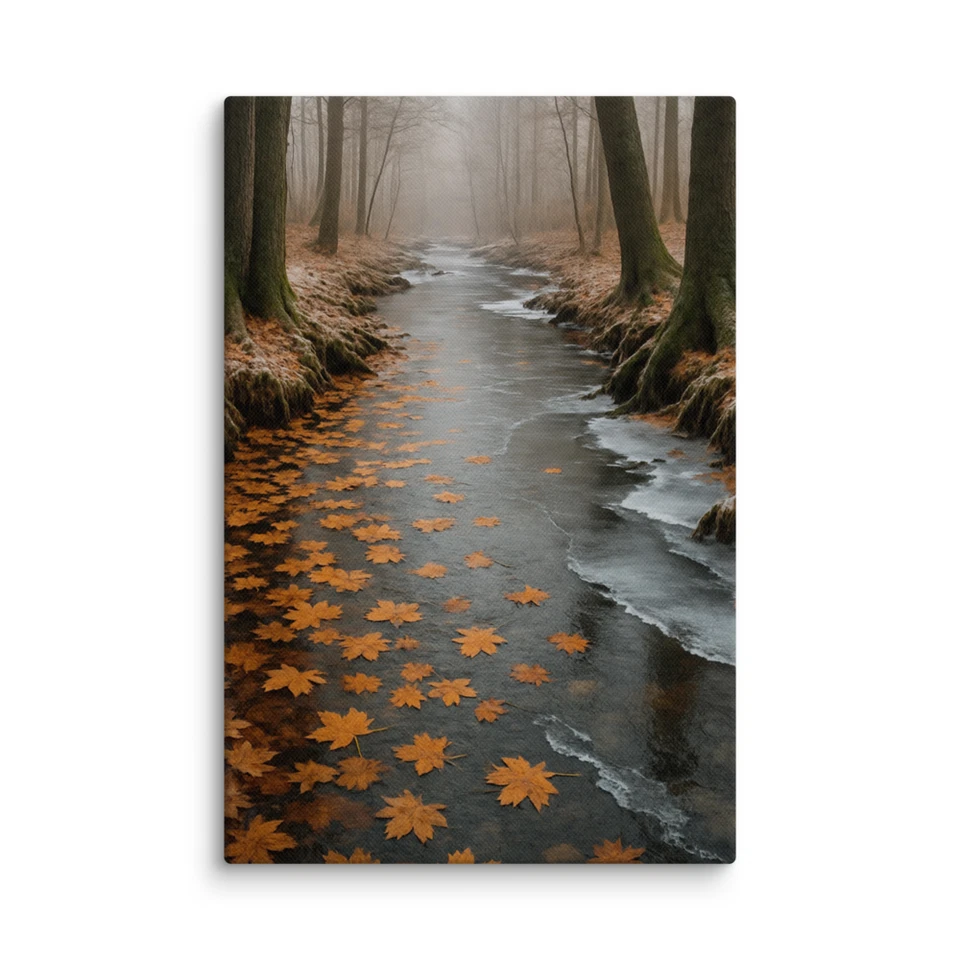Autumn Forest Canvas Wall Art – Misty Creek & Maple Leaves Print - Image 2 of 4