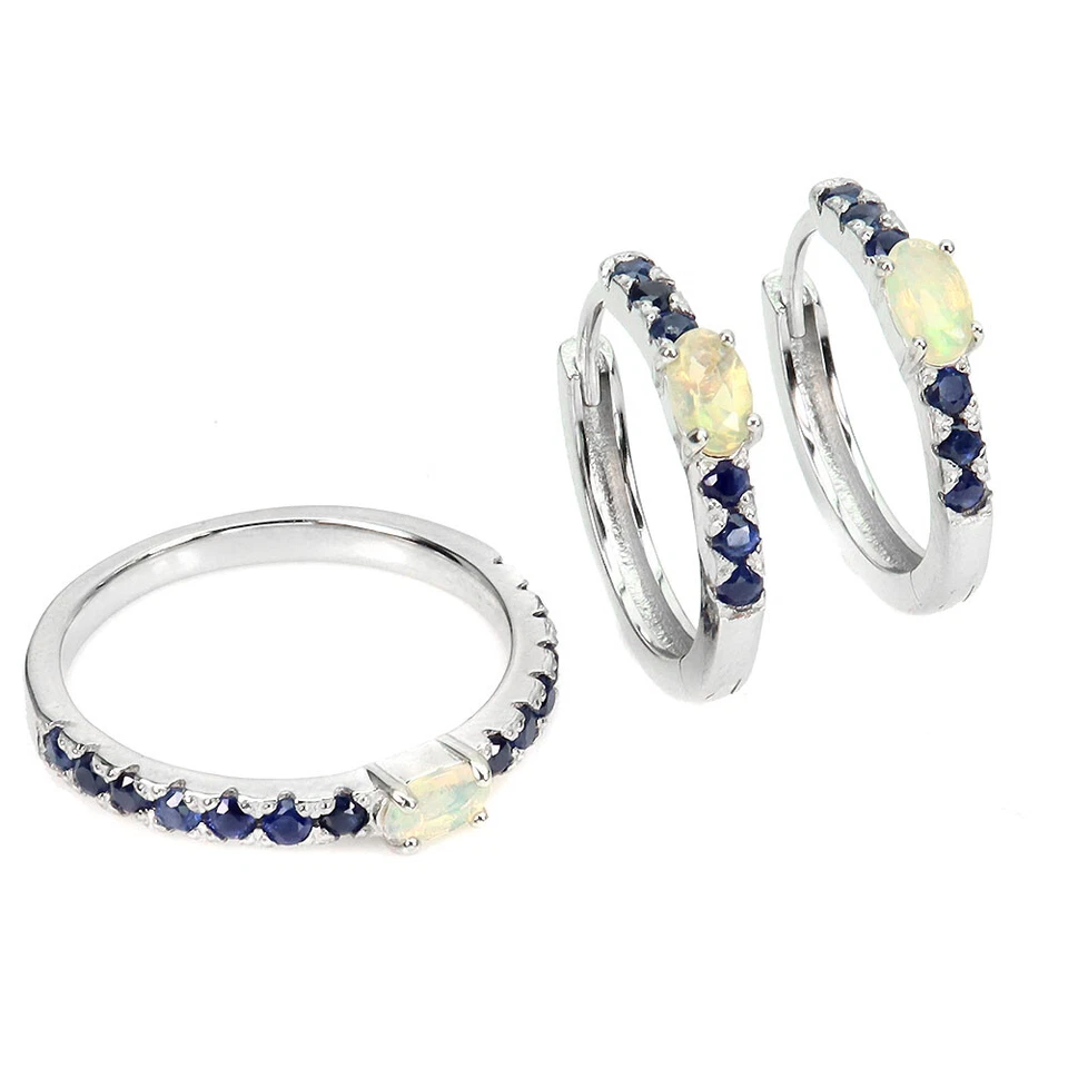 925 Argento Sterling Ovale Opale di Fuoco Zaffiro Taglio Diamante Gemma Gioielli - Immagine 2 di 4