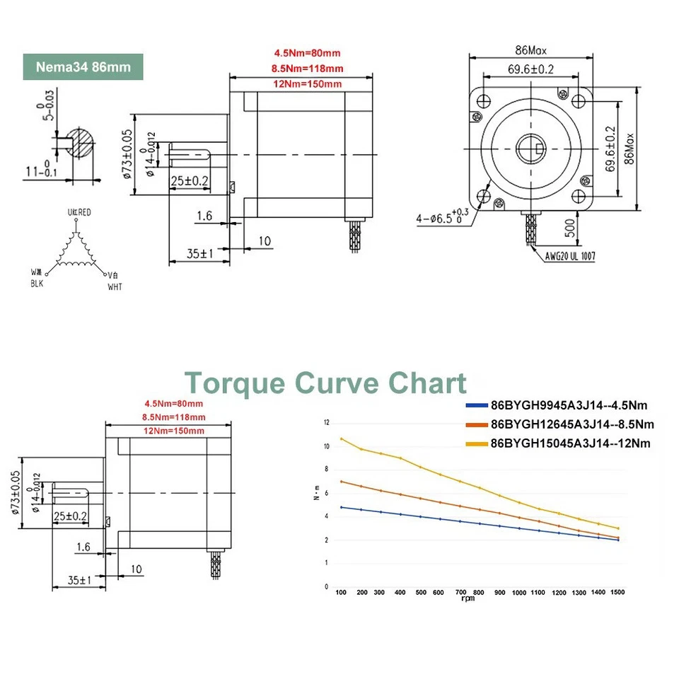3 Phase Nema34 86 Stepper Motor 14mm shaft AC 110-220V EC3522 Drive Kit For CNC - Image 4 of 4