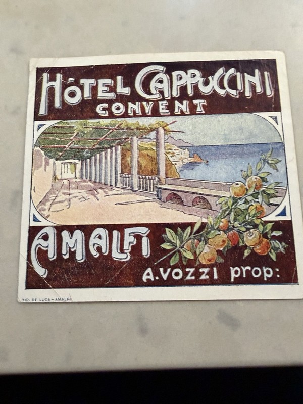Hotel Cappuccini Convent Amalfi ITALY Vintage Luggage Label 3.75 x 4.25"