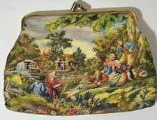 Vintage Tapestry Clutch Purse Wallet Victorian Kiss Lock Black Lining