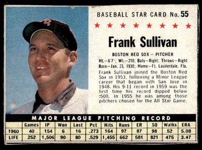 1961 Post Cereal Frank Sullivan Boston Red Sox #55