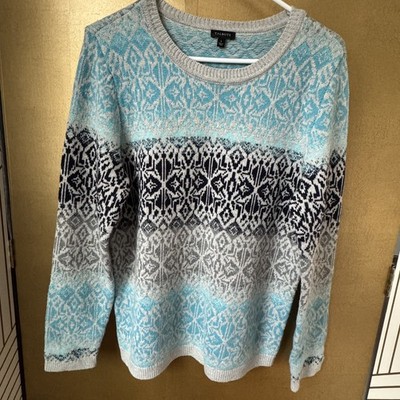 Womens Talbots Large Sweater Nordic Fair Isle Scandi Blue Aqua Grey White Black 