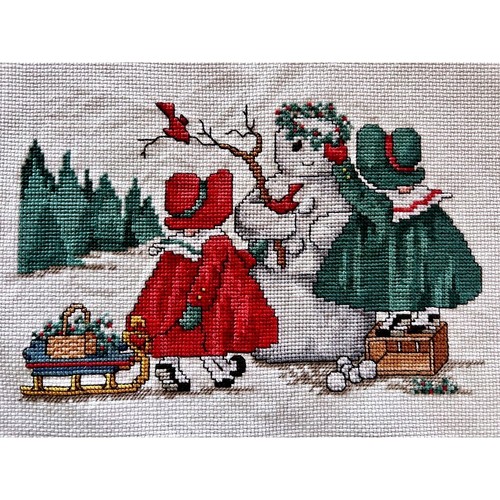 Finished Cross Stitch Christmas Snowman Winter Cottagecore 14x11" Cozy Storybook