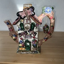 Butterfly House Teapot Tea Light Candle Holder Hand Painted Vintage Element