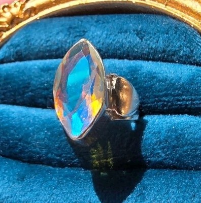 Vintage Aurora Borealis Marquise Cut Crystal Ring| 925 silver stamped | Size 5